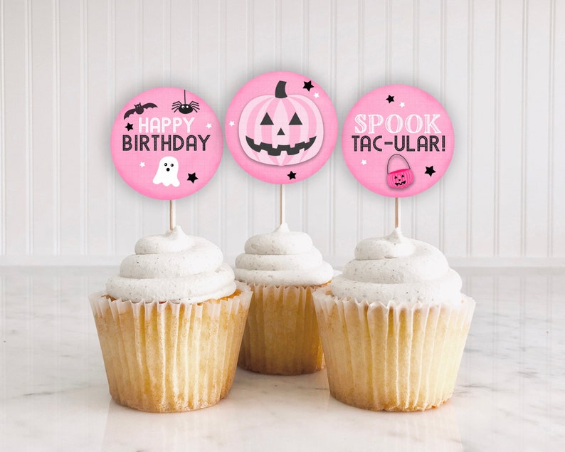 Pink Halloween Birthday Cupcake Toppers Printable Etsy