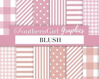 Blush Pink Digital Paper: "PINKS" with light pink, white, striped, mauve pink, neutral, dot designs for crafts