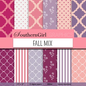 Fall Flower Digital Paper - "FALL MIX" with moroccan, striped, quatrefoil, flower, pink, purple, peach, digital patterns for cards