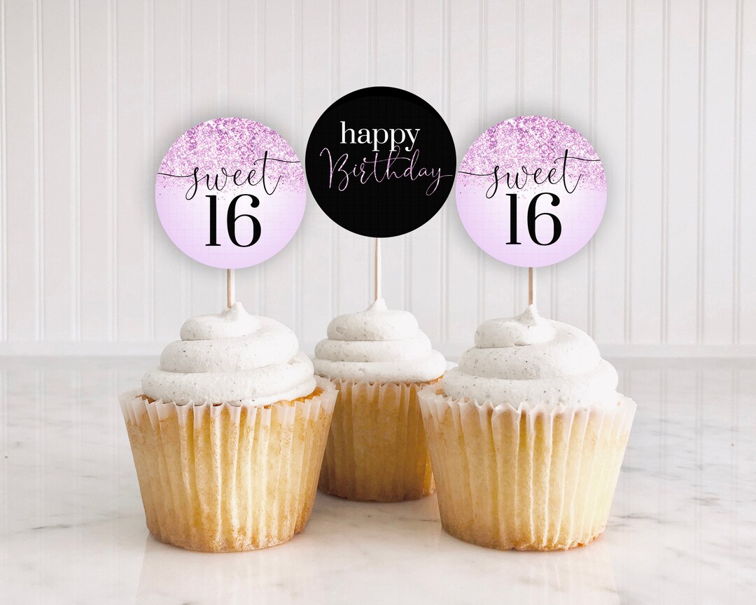 Sweet 16 Cupcake Toppers Printable 16 BIRTHDAY Cupcake Purple, Glitter