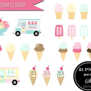 Ice cream clipart set: "ICE CREAM CLIPART" with 21 ice cream cone, soft serve, popsicle, ice cream truck pink and mint digital designs