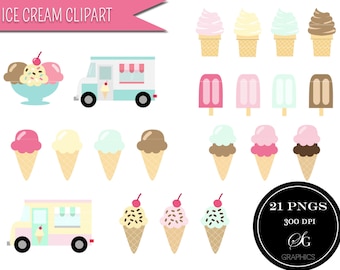 Ice cream clipart set: &quot;ICE CREAM CLIPART&quot; with 21 ice cream cone, soft serve, popsicle, ice cream truck pink and mint digital designs