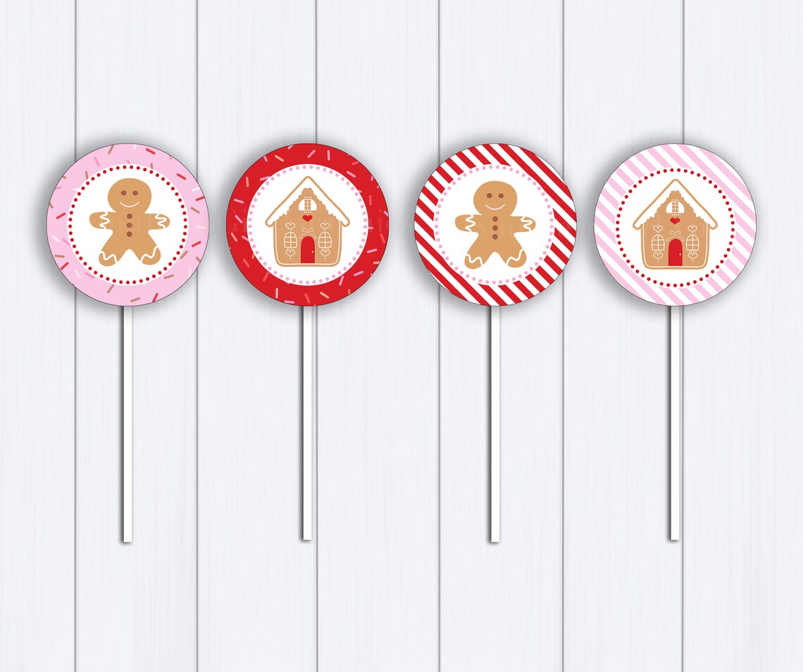 Pink Red Gingerbread Cupcake Toppers Printable: 