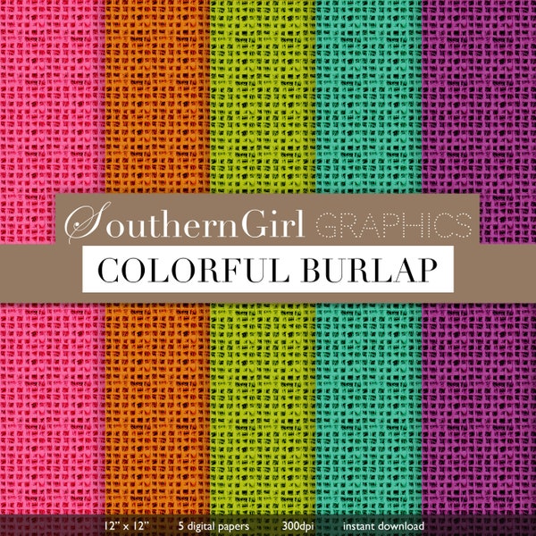 Color Burlap Digital Paper: "COLORFUL BURLAP" with pink, orange, green, teal, purple, fabric, textures, for crafts, cards, download