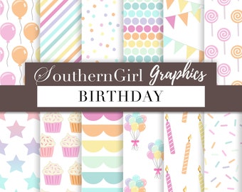 Pastel Rainbow Birthday Digital Paper: Party Patterns (Digital Download)