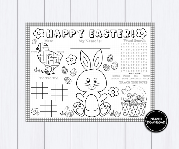 Kids Easter Placemat - "EASTER PLACEMAT" coloring, kids table, Easter, crafts, bunny, eggs, party, activity, word search, printable