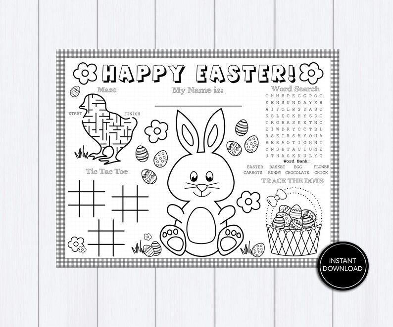 May include: A black and white printable Easter activity sheet with a maze, tic-tac-toe game, word search, and connect-the-dots activity. The sheet features a bunny rabbit, chick, and Easter eggs.