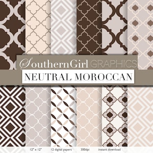 Neutral Moroccan Digital Paper - "NEUTRAL MOROCCAN" with taupe, brown, gray, white, beige modern digital patterns for crafts, cards