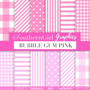 Könnte beinhalten: Ein Set mit 12 digitalen Papieren mit rosa und weißen Karos, Streifen und Punkten. Die Papiere sind 30,5 cm x 30,5 cm groß und haben eine Auflösung von 300 dpi. Der Text "Southern Girl Graphics" und "Bubble Gum Pink" wird auf einem rosa Banner angezeigt.