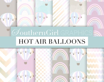 Hot Air Balloon Digital Paper: "BOHO BALLOONS" rainbow hot air balloons, boho digital paper, rainbow watercolor, hot air balloon background