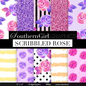 Pink Purple digital paper, scribbled rose, bright pink, purple, yellow, orange, hand drawn, flower, watercolor digital paper