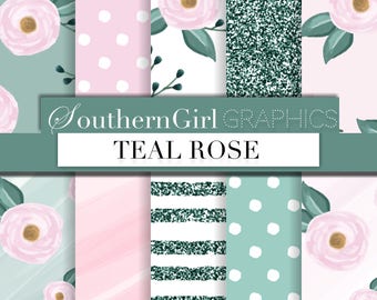 Teal Rose Watercolor Floral Digital Paper: Glitter Scrapbook Designs (Digital Download)