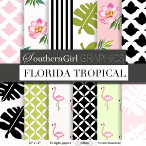 Tropical digital paper: "FLORIDA TROPICAL" with tropical floral, flamingo, leaves, pink, black, green digital patterns for crafts and cards