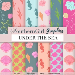 Seashell Digital Paper - "UNDER THE SEA" seashell, seahorse, seaweed, starfish, pink, aqua, summer, digital patterns for crafts
