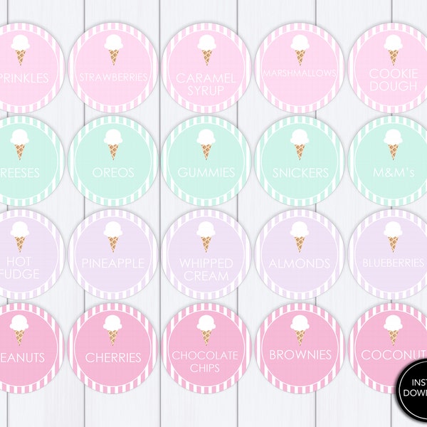 Ice Cream Bar Topping Labels Printable Download: Ice cream birthday party, pastel pink, purple, mint green, summer party, ice cream social