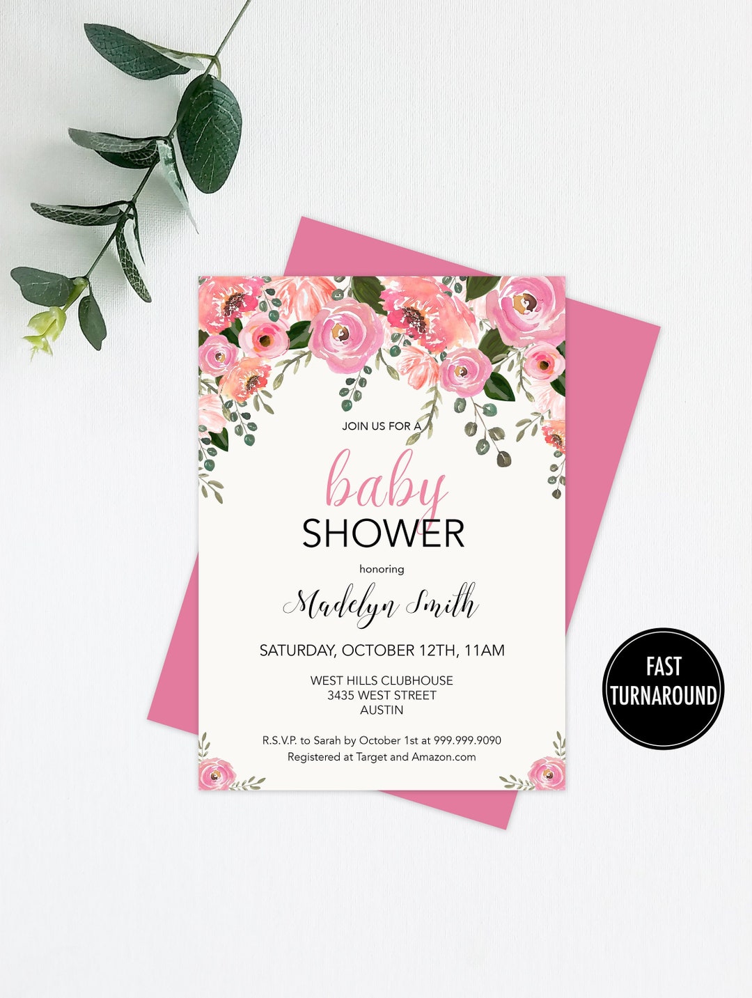 Fall Floral Baby Shower Invitation Printable pink BABY - Etsy