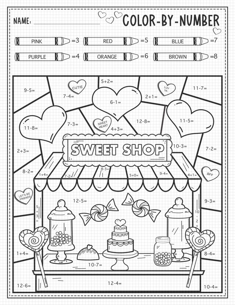 Color by Number Math Activity Valentines | Printable Math Worksheet ...