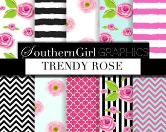 Watercolor Rose Digital Paper: Pink, Blue, Green (Digital Download)