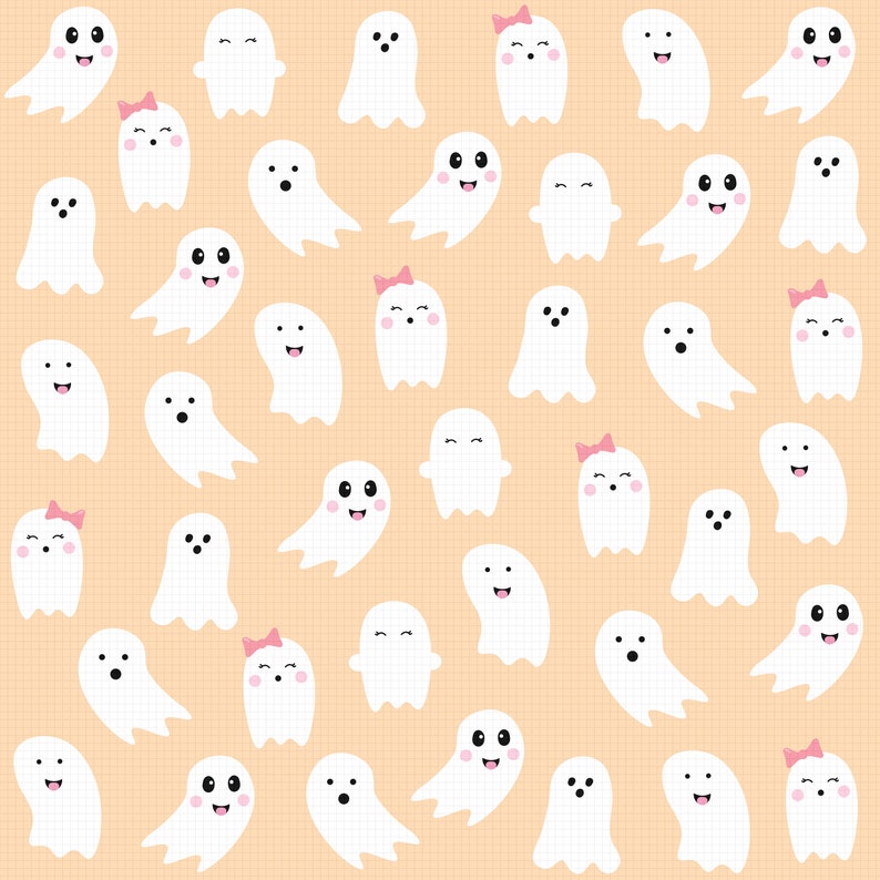 May include: A pattern of white ghosts with different facial expressions on a peach background. Some ghosts have pink bows.