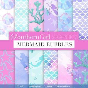 Mermaid Digital Paper: "MERMAIDS" pink purple mermaids, bubble digital paper, seaweed, underwater, summer digital patterns, download