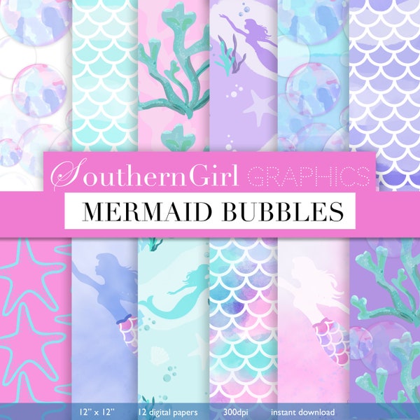 Mermaid Digital Paper: "MERMAIDS" pink purple mermaids, bubble digital paper, seaweed, underwater, summer digital patterns, download