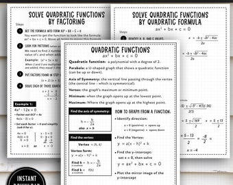 Quadratic Functions Notes: Algebra Math Help (Digital Download)