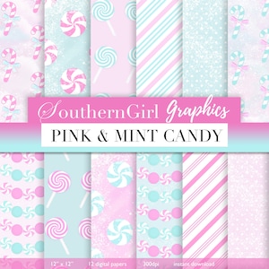 Pink Christmas Candy Digital Paper: "PINK PEPPERMINT" peppermint stripe, Christmas candy, mint, pink, white Christmas, candy cane, patterns