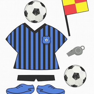 May include: A printable soccer dress-up kit with a blue and black striped jersey, black shorts, blue cleats, a soccer ball, a whistle, and a yellow and red referee flag. "Soccer Disguise Dress Up Kit" is written at the top of the image.