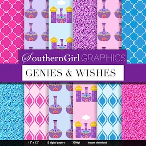 Genie digital paper: "GENIES AND WISHES" with purple, pink, blue, shimmer, shine, genie bottle, wish, glitter, moroccan digital patterns