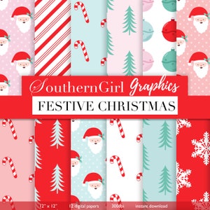 Festive Christmas Digital Paper - &quot;FESTIVE CHRISTMAS&quot;  with santa, candy cane, striped, christmas trees, pink, red, patterns for crafts