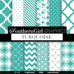 Turquoise Digital Paper: "TURQUOISE" with turquoise, white, striped, chevron, trellis, moroccan, diamond, dot designs for crafts