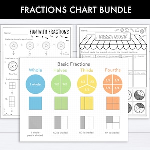 May include: A bundle of educational worksheets for learning fractions. The worksheets include activities like shading donuts, cutting and pasting pizza slices, and identifying fractions. The worksheets are titled "Fun with Fractions" and "Pizza Shop". The bundle also includes a chart of basic fractions.