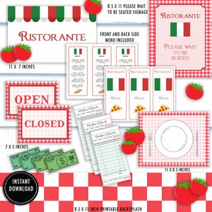 May include: Printable Italian restaurant themed party decorations. Includes a red and white checkered table cloth, a sign that says "Ristorante", a menu, a sign that says "Please Wait to Be Seated", an open and closed sign, order checks, and play money.