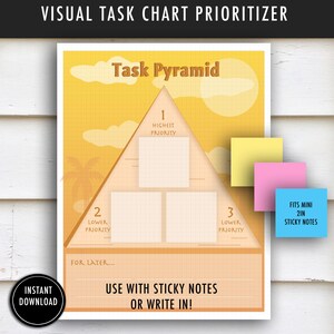 May include: A yellow and orange task pyramid chart with a grid background, palm tree silhouette, and text labels including Task Pyramid, Highest Priority, Lower Priority, For Later, and Use with sticky notes or write in. Includes three mini 2in sticky notes.