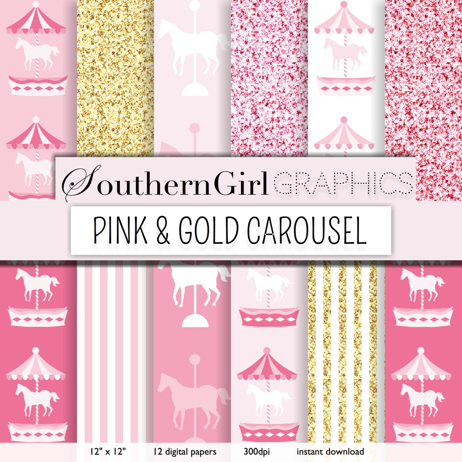 Pink Carousel Pattern Pink and Gold Carousel Digital Paper: Girly Scrapbook Patterns (digital ...
