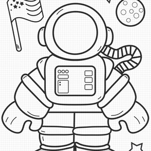 May include: Black and white line art of an astronaut suit, flag, stars, and a moon. The text "Astronaut Disguise Dress Up Kit" is at the top. The astronaut suit has a large circular helmet and rectangular chest panel.