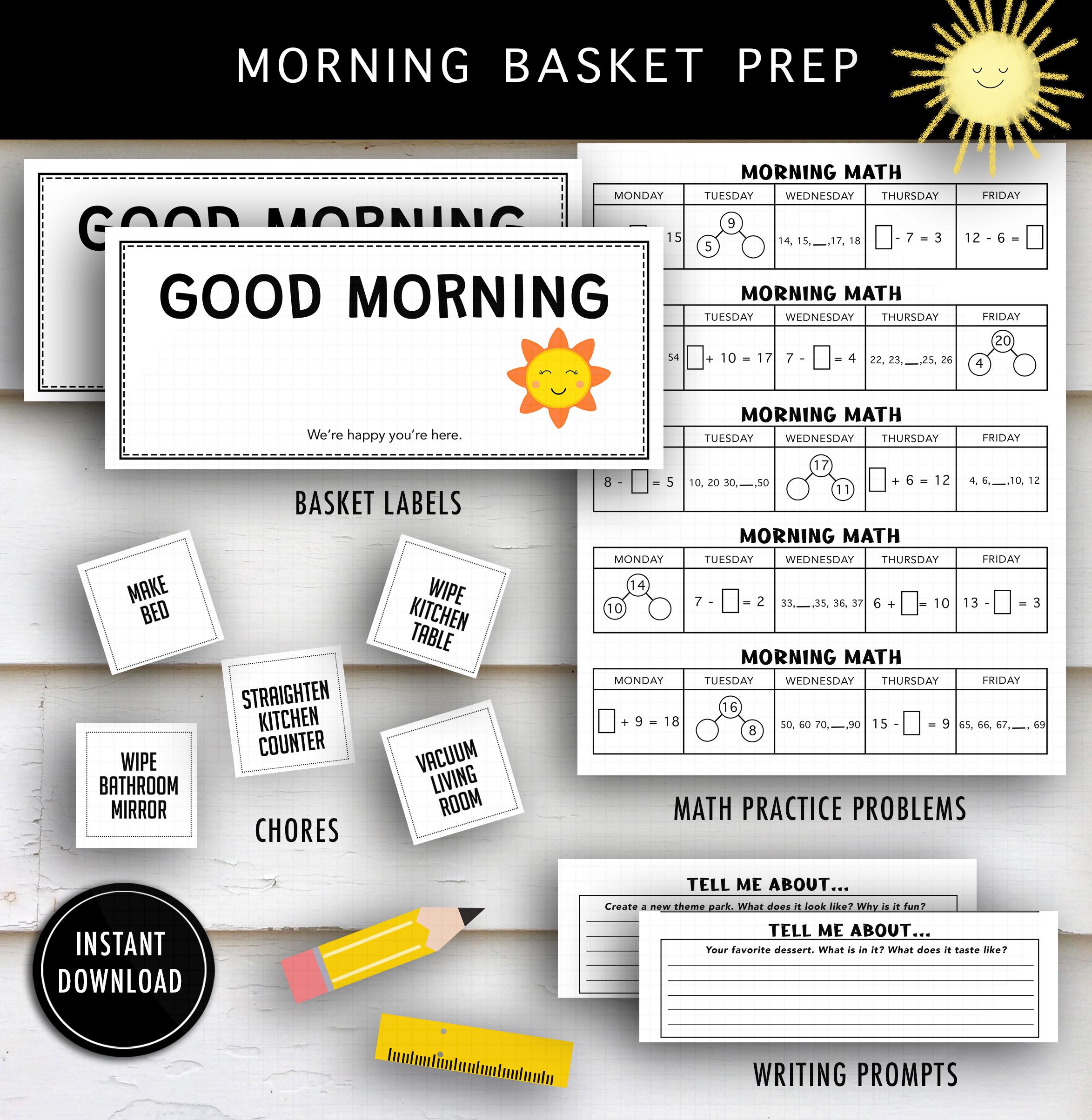 Summer Learning Kit: Math, Writing, Chores - Printable Morning Basket (PDF Download