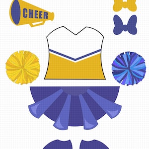 May include: Cheerleader disguise dress-up kit with a yellow megaphone that says "CHEER". Includes a yellow and white top, blue skirt, pom-poms, bows, and shoes. The kit is designed with a grid background.