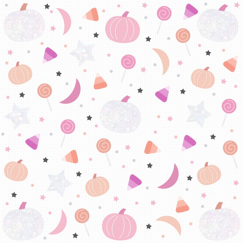 May include: A seamless pattern featuring pink and white pumpkins, candy corn, stars, and lollipops on a white background with a subtle grid pattern.