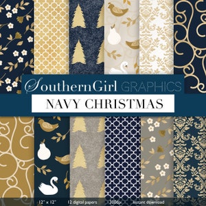 Navy Blue Christmas digital paper - "NAVY CHRISTMAS DIGITAL" with blue and gold, christmas floral, partridge, pear, christmas tree, patterns