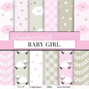 Baby Girl Digital Paper - &quot;BABY GIRL CLOUDS&quot; with pink, gray, stars, clouds, lamb, girly patterns for crafts instant download