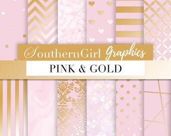 May include: Twelve digital papers in pink and gold with various patterns, including polka dots, stripes, hearts, marble, and geometric designs. The papers are 12 inches by 12 inches and 300 dpi.