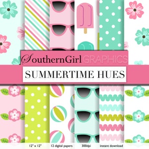 Bright Summer digital paper: "SUMMERTIME HUES" with pink, aqua, green, flowers, sunglasses, beach balls, popsicle digital patterns for cards