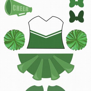 May include: A green and white cheerleader disguise dress-up kit. The kit includes a megaphone with the word "CHEER", a top, a skirt, pom-poms, bows, and shoes. The design is printed on a grid background.