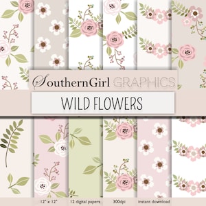 Light pink floral Digital Paper: &quot;WILD FLOWERS&quot; with pink, mauve, taupe, green, ivory, roses, wild flowers, leaves for cards for download