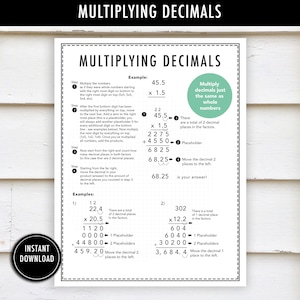 May include: A black and white printable educational poster titled "Multiplying Decimals." The poster includes examples and step-by-step instructions for multiplying decimals. The words "Instant Download" are in a black circle in the lower left corner.