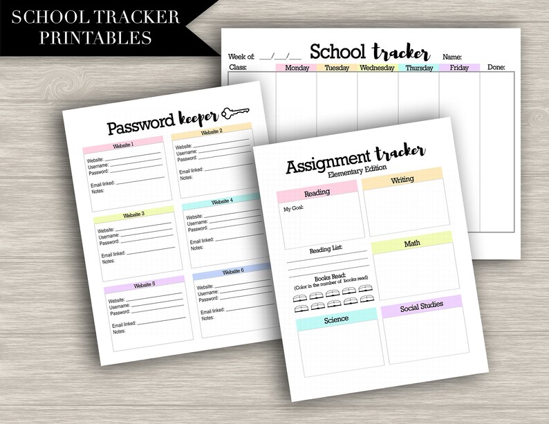 May include: Printable school tracker and password keeper pages. The pages are designed with a colorful theme and include sections for assignments, reading lists, and website passwords.