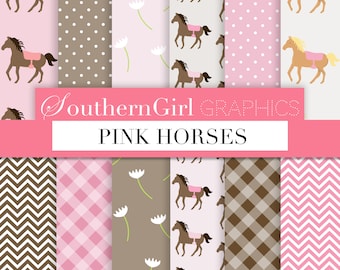 May include: Twelve digital papers featuring pink horses, brown and pink polka dots, brown and pink chevron patterns, and brown and pink gingham patterns. The papers are 12 inches by 12 inches and 300 dpi.