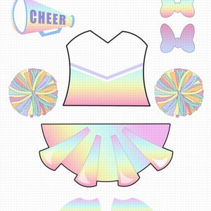 May include: A pastel-colored cheerleader disguise dress-up kit. The kit includes a megaphone with the word "CHEER", a top, a skirt, two pom-poms, two bows, and two pairs of shoes. The design features a rainbow gradient color scheme.