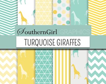 Turquoise Giraffe Digital Paper - "TURQUOISE GIRAFFE" with teal, yellow, giraffe, chevron, triangle, geometric, baby, digital patterns